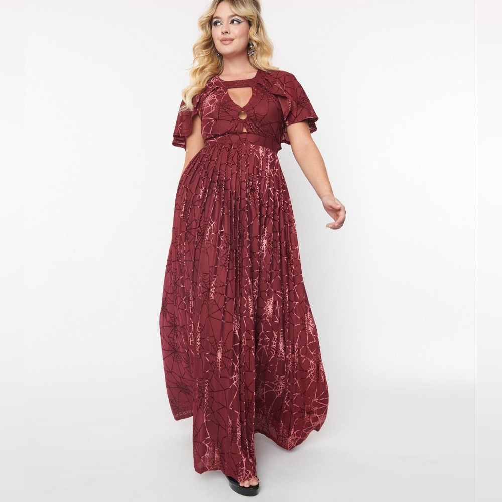 Unique Vintage Smak Parlour 1970s Burgundy & Velvet Spiderweb Cape Maxi Dress